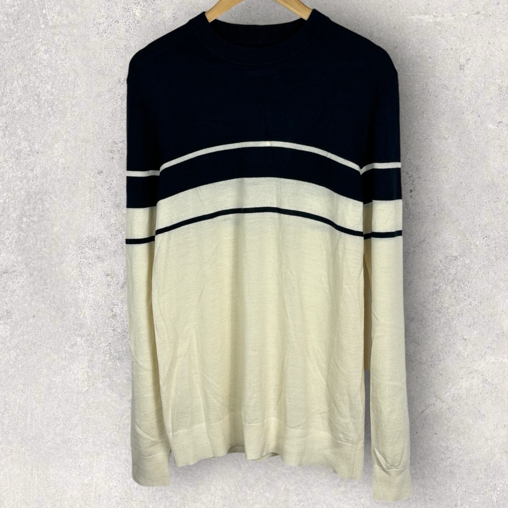 Samsoe Wool Blend Navy Blue White Sweater Mens Size Medium Colorblock Knit M NWT - Picture 12 of 13
